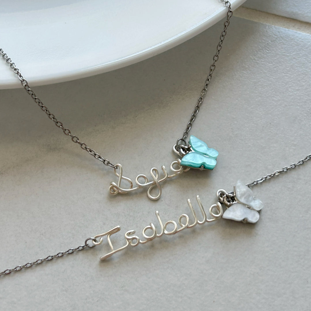 silver scripted- butterfly name necklace