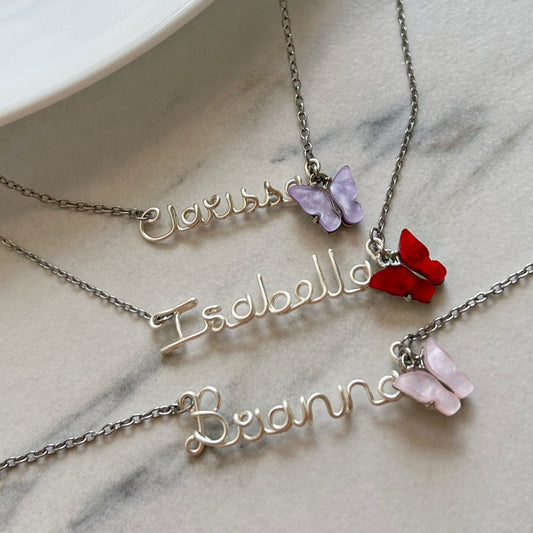 silver scripted- butterfly name necklace