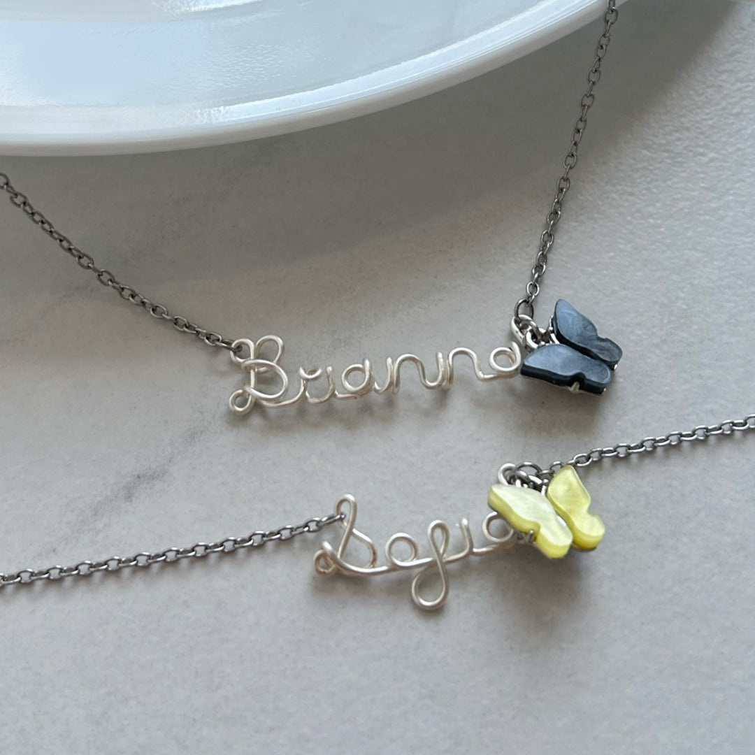 silver scripted- butterfly name necklace