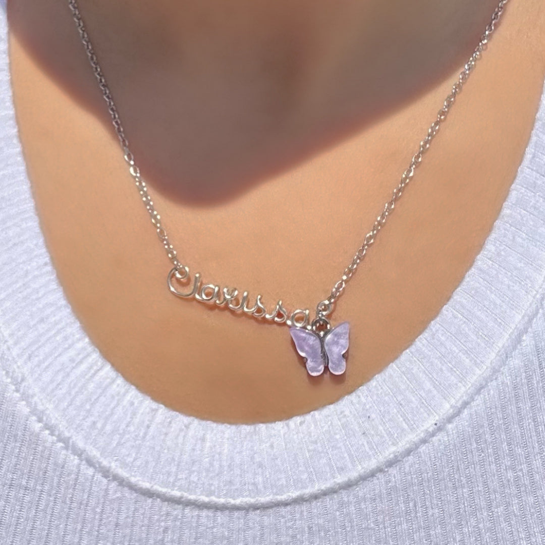 silver scripted- butterfly name necklace